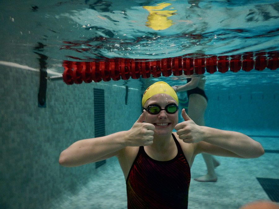 A Coronado swimmer gives a thumbs-up during the 2015-2016 season. 