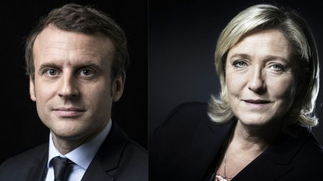 The+two+candidates+for+the+office+of+president+in+France.+On+the+left+Emmanuel+Macron+and+on+the+right+Marine+Le+Pen.