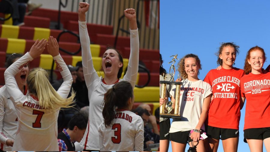 On the left, Mara Abernethy and her teammates celebrate their win over Rampart for the CSML volleyball title.  On the right, Grace Abernethy smiles with teammates and the CSML cross country trophy.