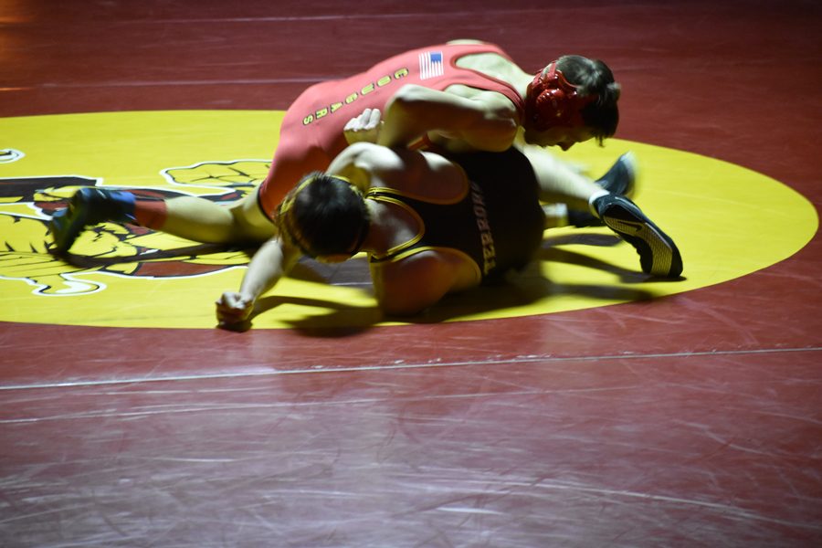 A Coronado wrestler pins his Palmer opponent. 