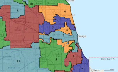 Chicago congressional districts: an example of gerrymandering. Districts SHOULD be drawn in compact, uniform shapes. 