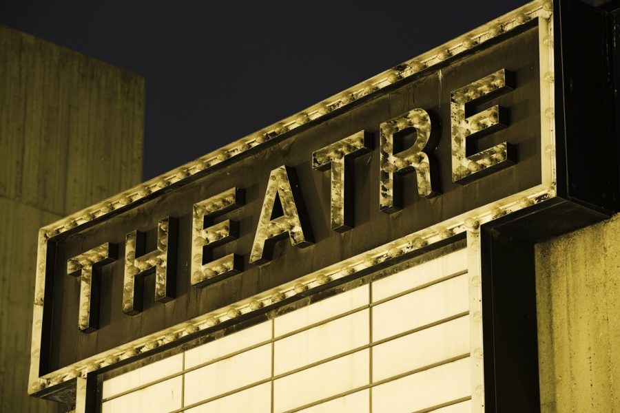 Horizontal image of an old Theatre Marquee.  Evening shot.