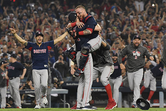 The Red Sox start their celebration after winning game five 5-1.