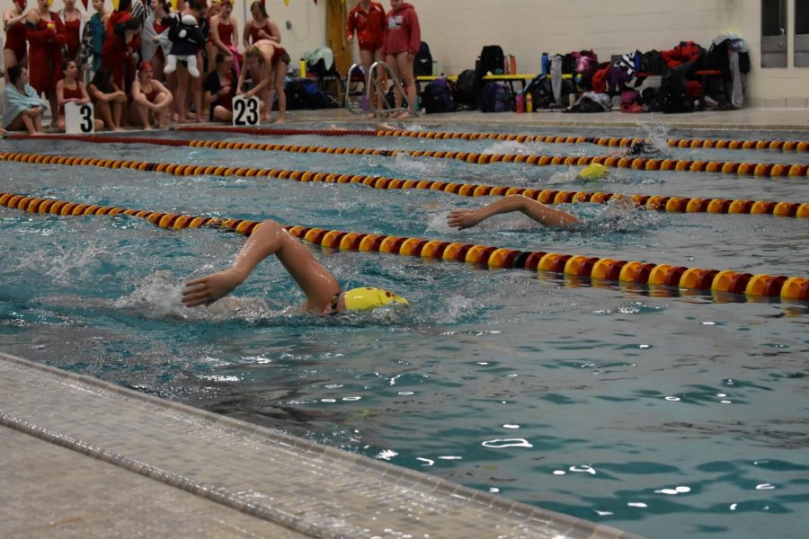 A Coronado swimmer competes in a freestyle race. 
