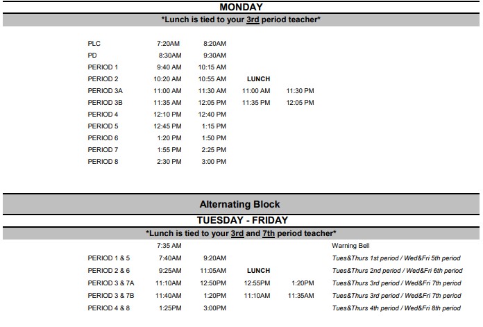 The schedules for Coronado this school year. 