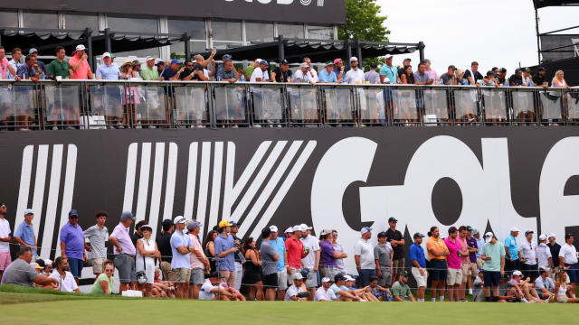 BEDMINSTER, NEW JERSEY - JULY 31: Fans watch play from Club 54 near the 18th green during day three of the LIV Golf Invitational - Bedminster at Trump National Golf Club Bedminster on July 31, 2022 in Bedminster, New Jersey. (Photo by Chris Trotman/LIV Golf via Getty Images)