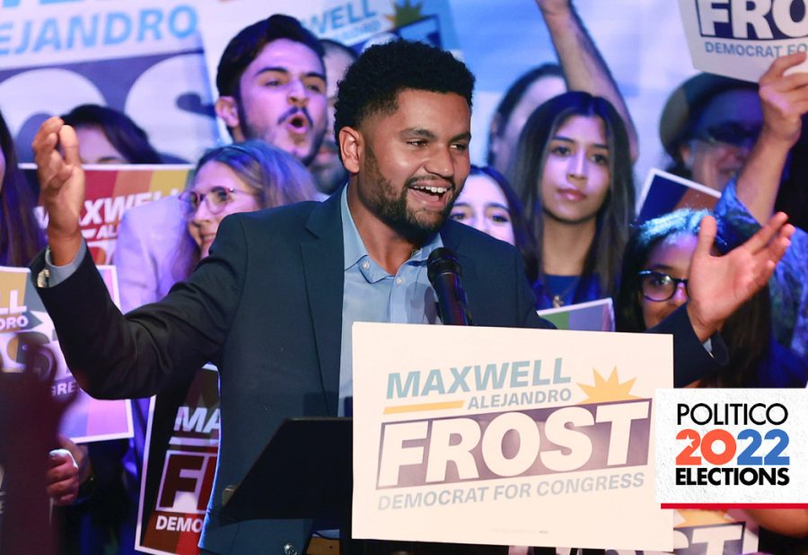 Democratic candidate for Floridas 10th Congressional District Maxwell Frost speaks as he celebrates with supporters during a victory party at The Abbey in Orlando, Fla., on Tuesday, Nov. 8, 2022. (Stephen M. Dowell/Orlando Sentinel, via AP)