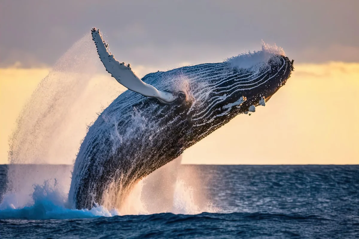 A humpback whale leaps through the air during a sunset. 