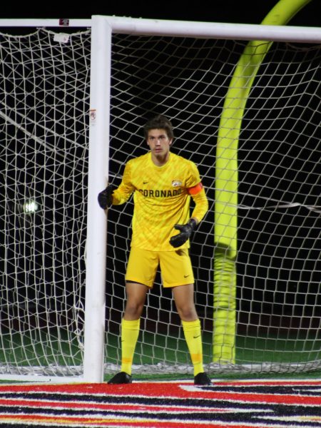 Current Valedictorian John Corbett in goal for Boys Soccer
